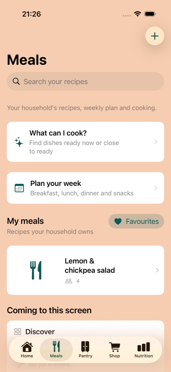 Stirwell Meals screen showing weekly planning and a saved demo recipe.