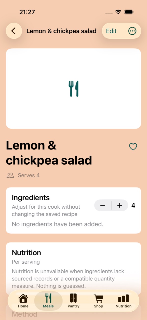 Stirwell demo recipe details, showing serving controls and clearly marked missing ingredients and nutrition data.