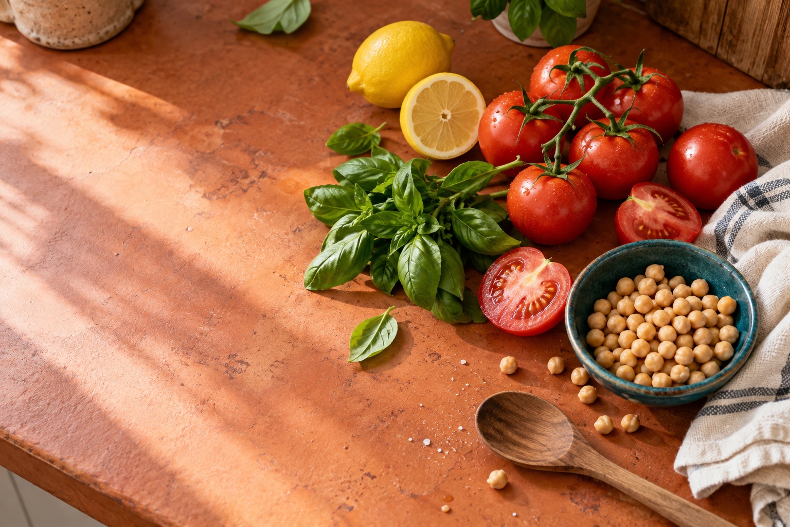 Fresh tomatoes, lemons, basil and chickpeas gathered on a sunlit kitchen surface.